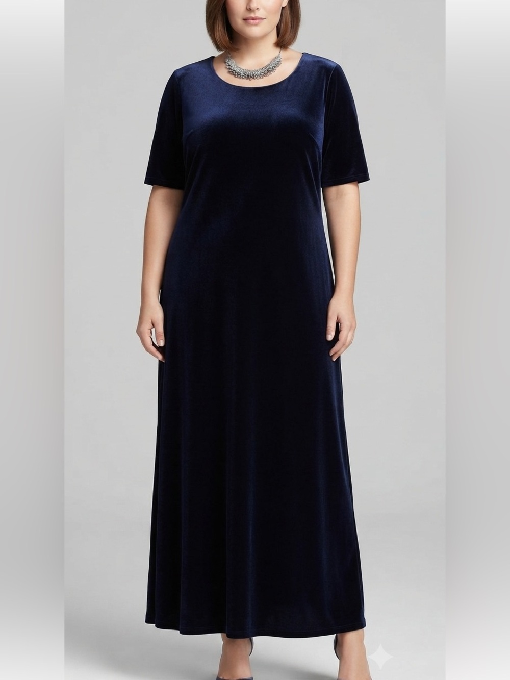 VISION APPAREL Navy Blue Stretch Velvet Maxi Dress Estimated XL